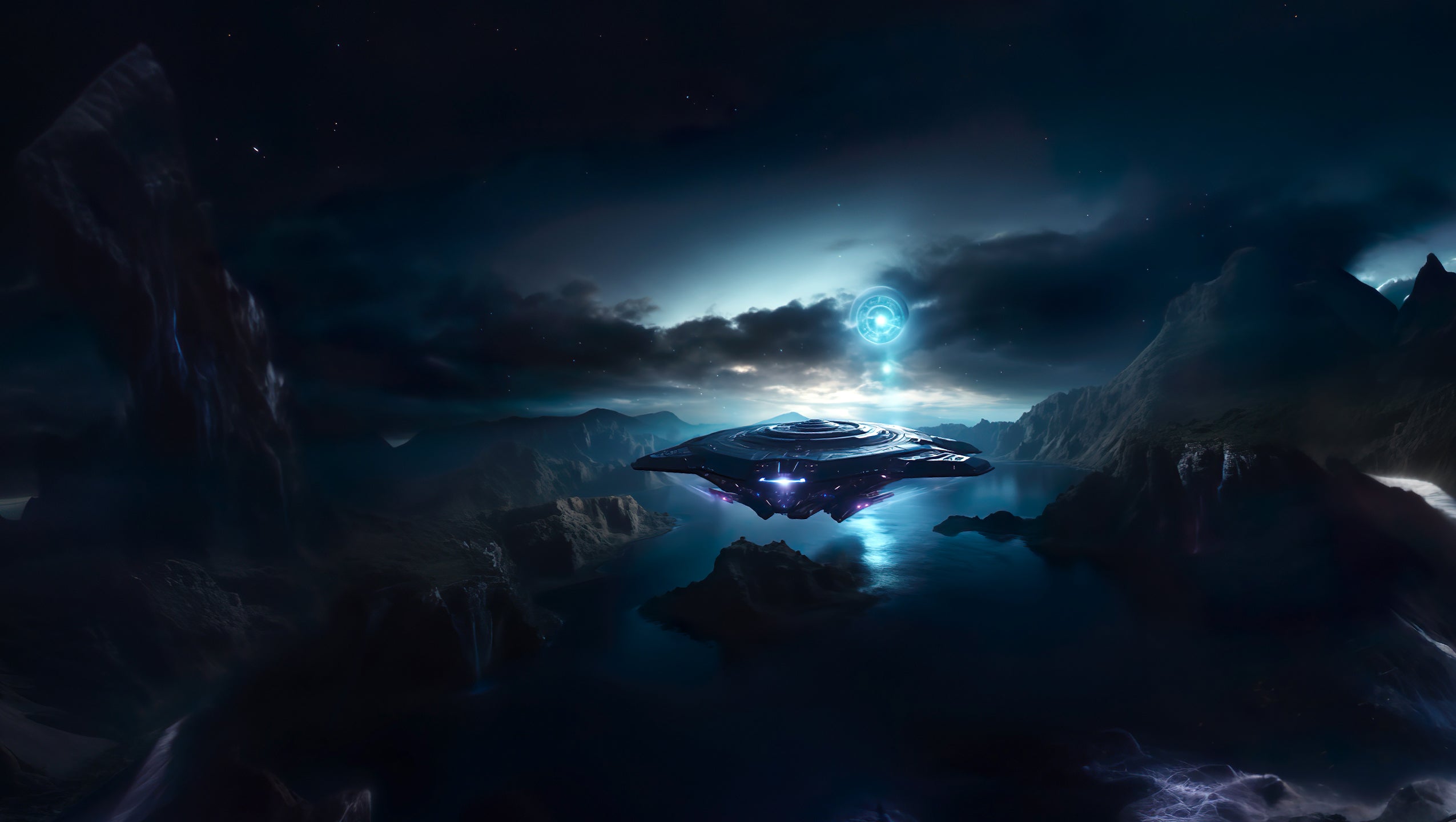 A spaceship flying through a dark sky and ready for landing