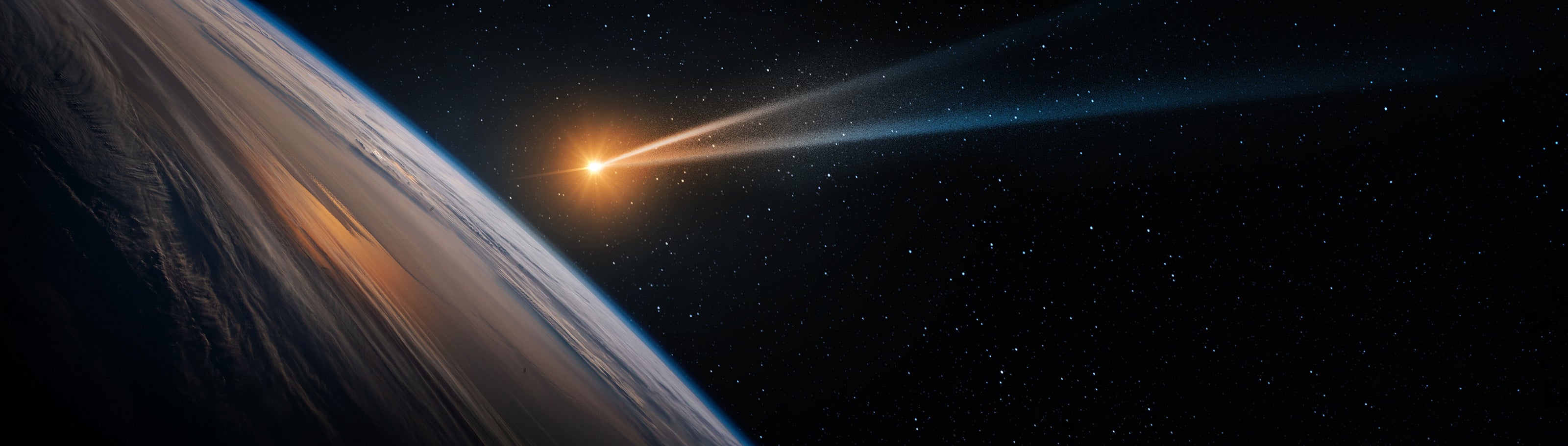 Dazzling shooting stars streak across the night sky and fly over the Earth