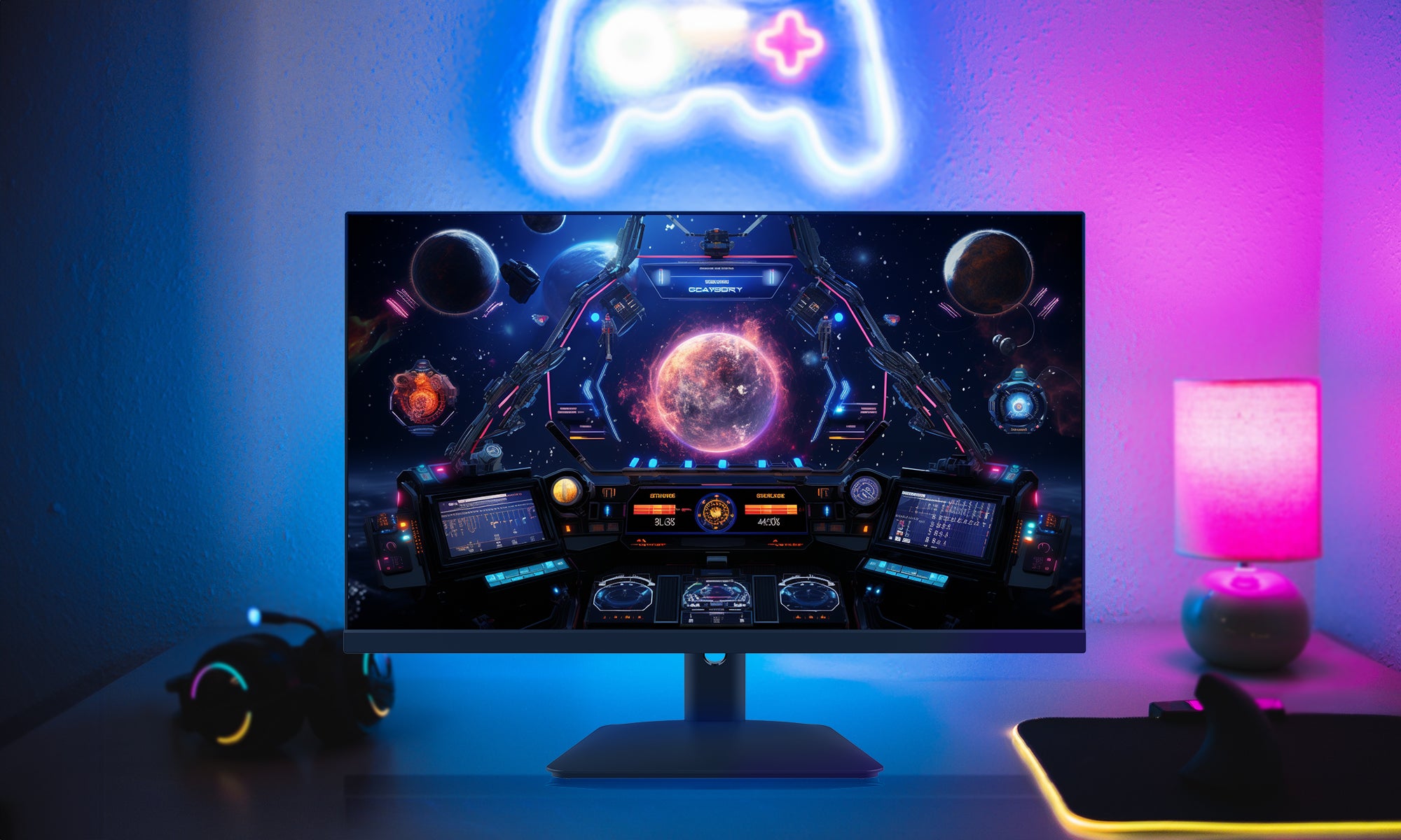 A 24-inch IPS Minifire X5G Gaming Monitor on the desk displays the gaming screen