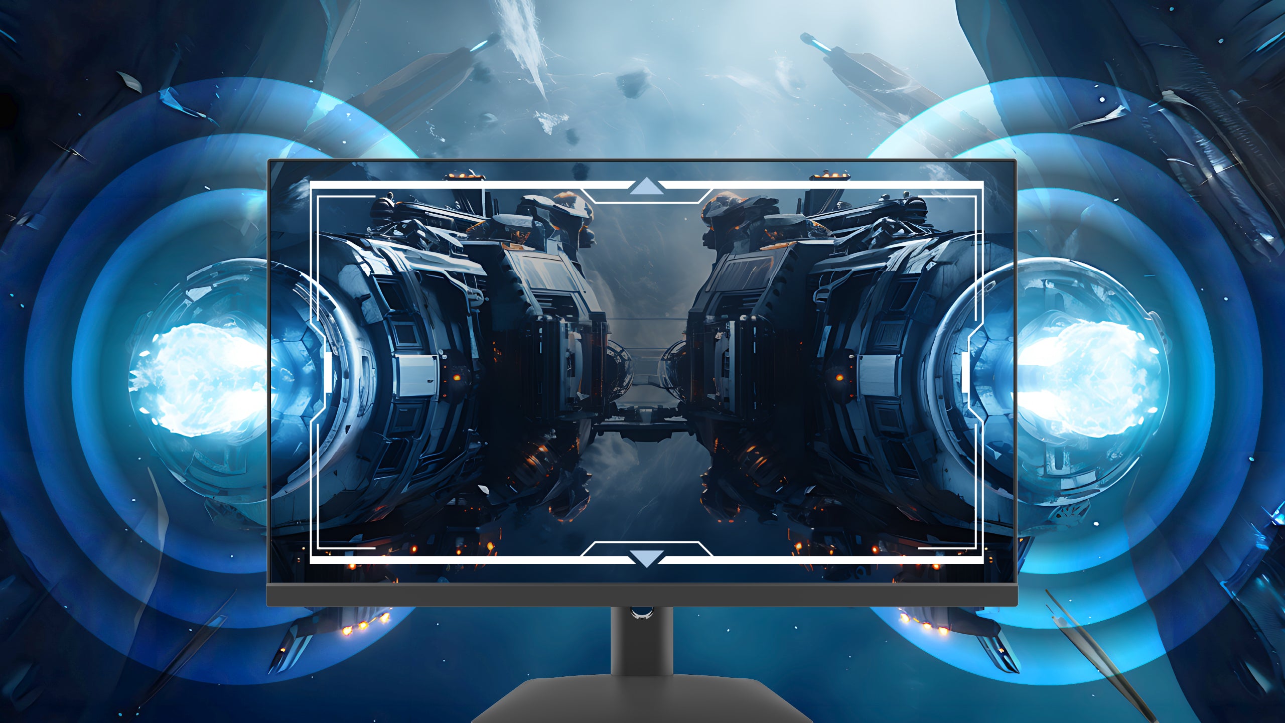 A 24-inch IPS Minifire X5G Gaming Monitor with built-in speakers displays sound effects