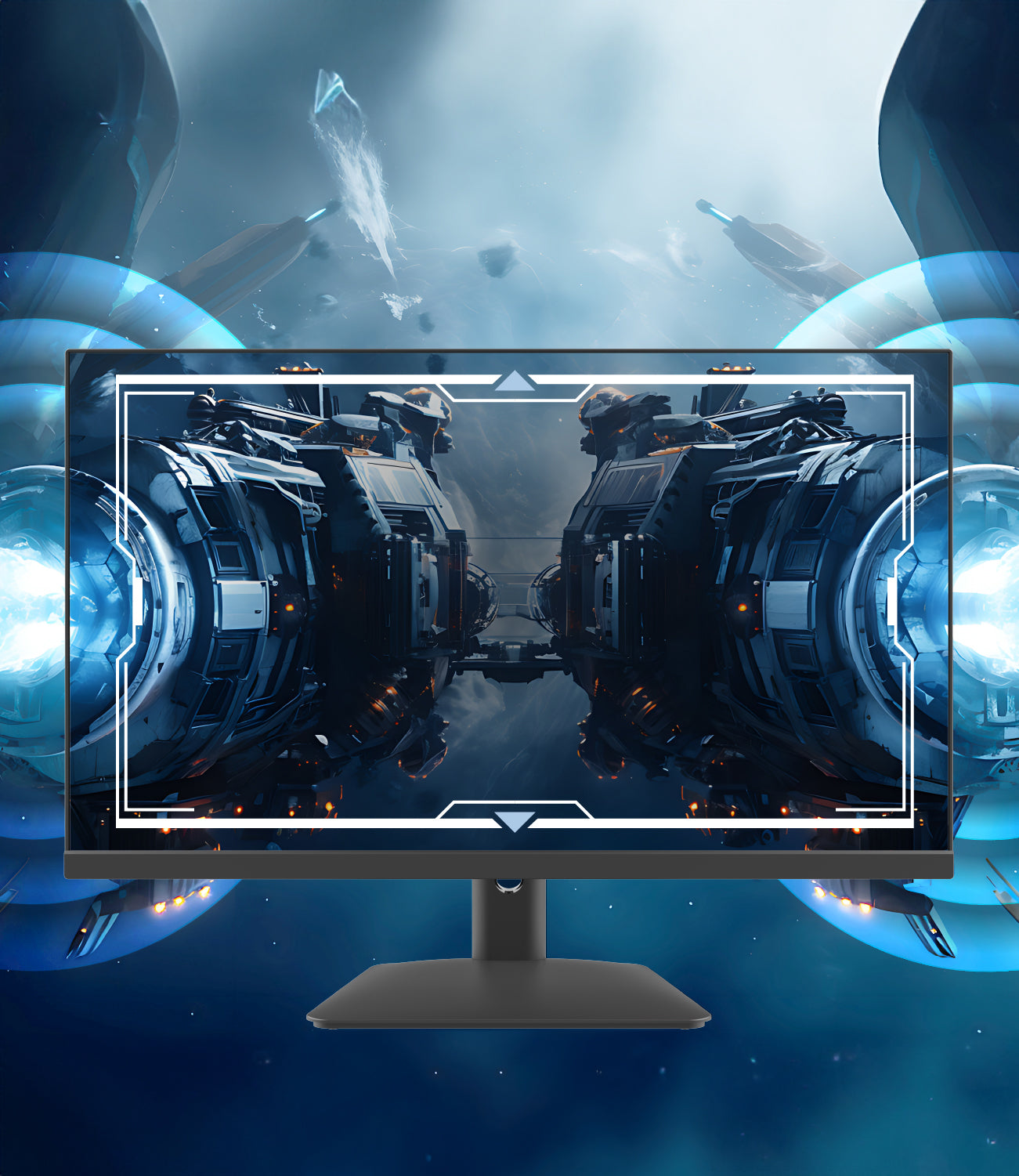 A 24-inch IPS Minifire X5G Gaming Monitor with built-in speakers displays sound effects.