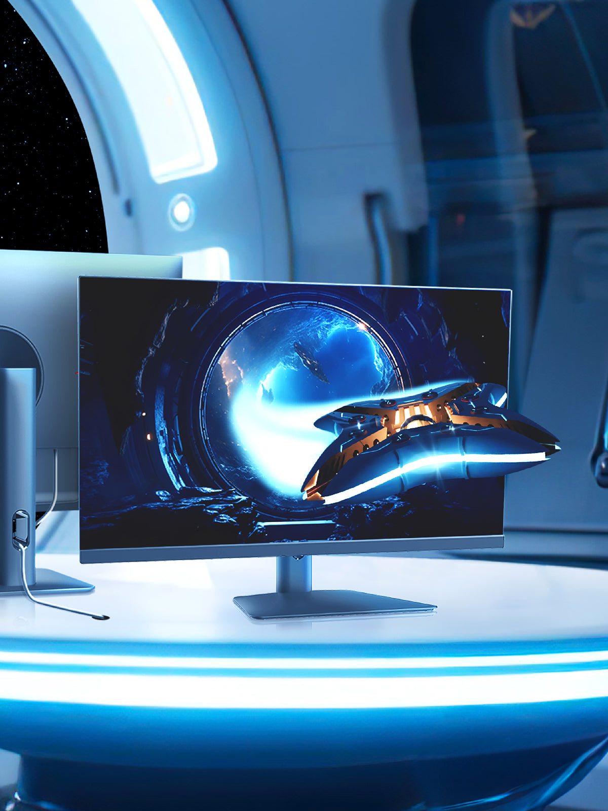 A 24 inch IPS Minifire X5G Gaming Monitor in a spaceship with blue light
