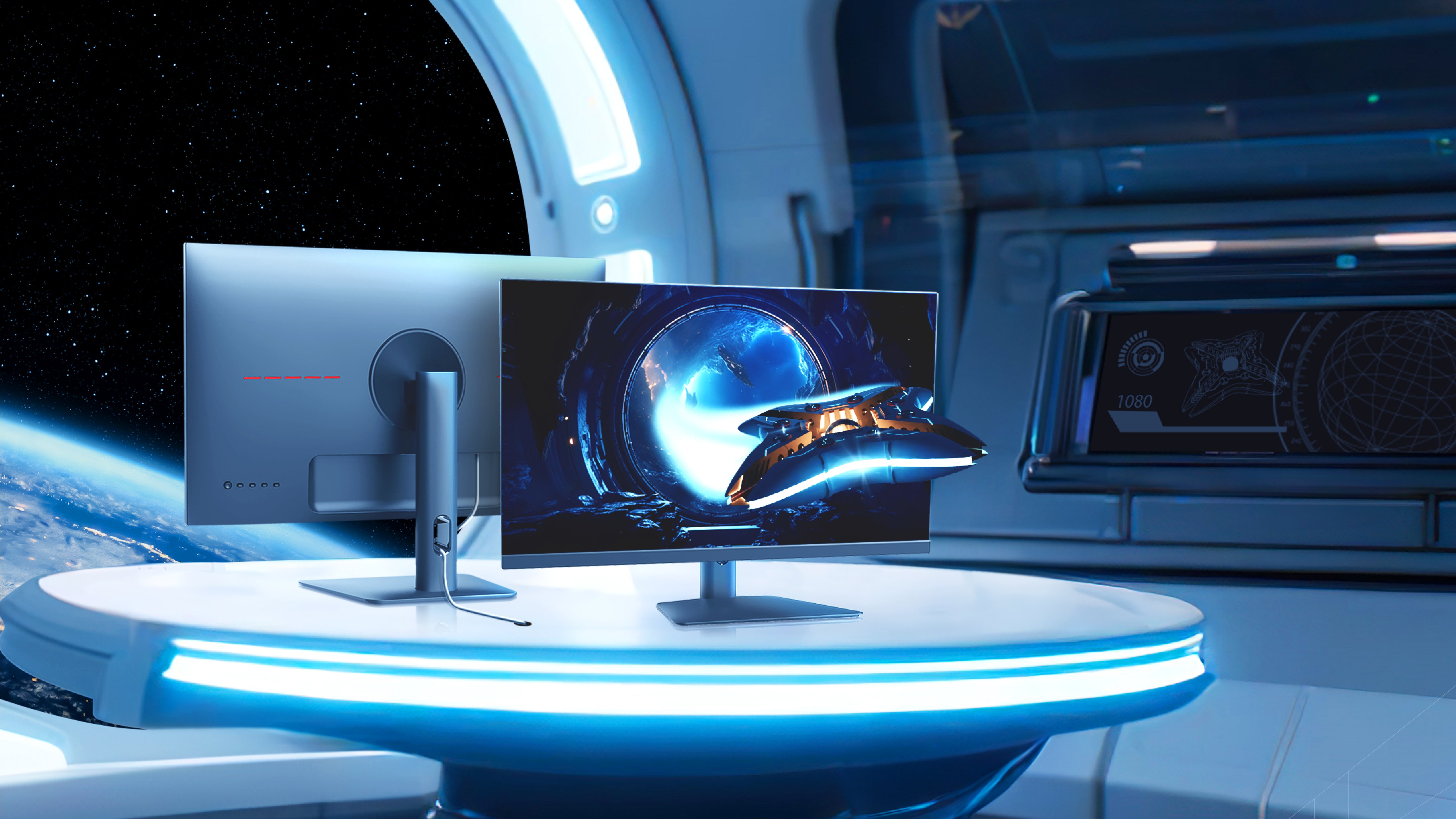 A 24 inch IPS Minifire X5G Gaming Monitor in a spaceship with blue light